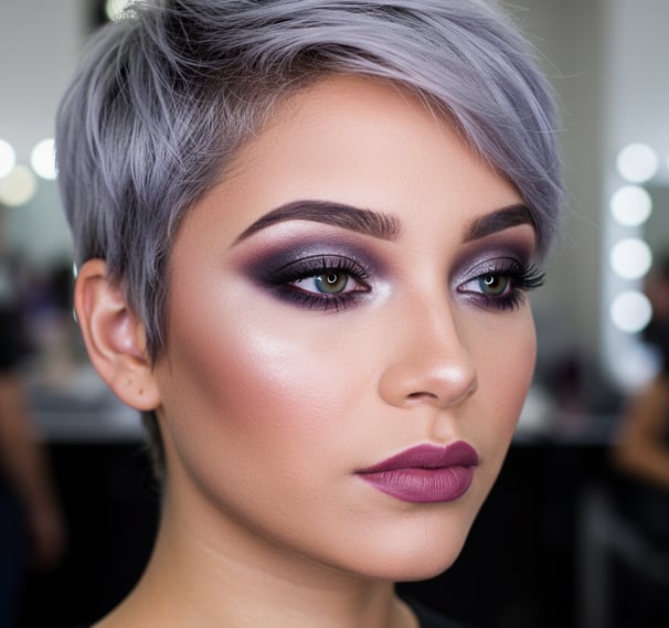 a woman with a short haircut and purple makeup