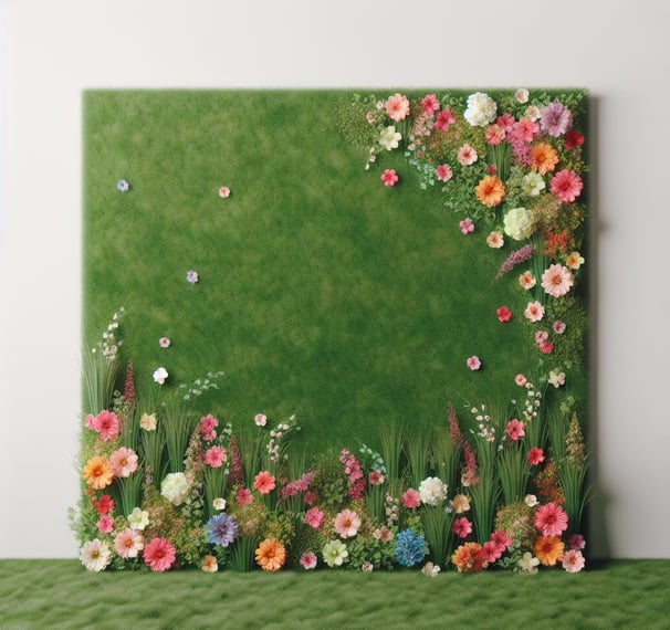 a green grass covered with flowers and butterflies