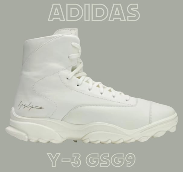 a pair of white adidas sneakers with the words adidas GSG9