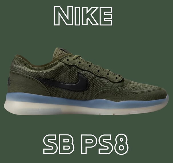 a pair green of sneakers with the words, Nike  SB PS8