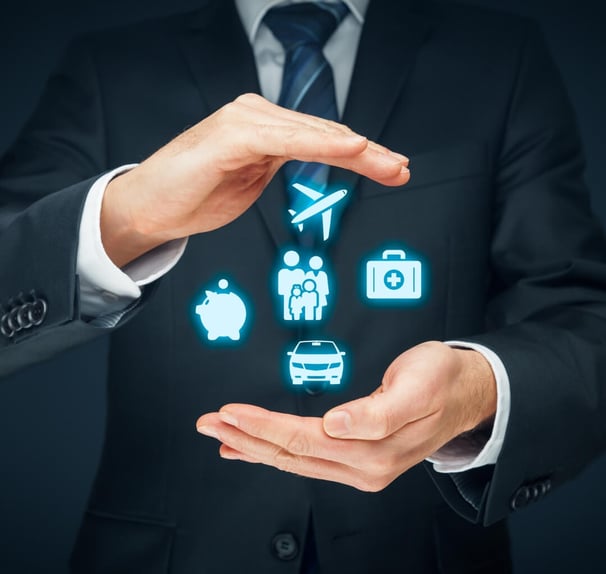 a man in a suit and tie is showcasing a car, a breifcase with + sign, people, airplane icons