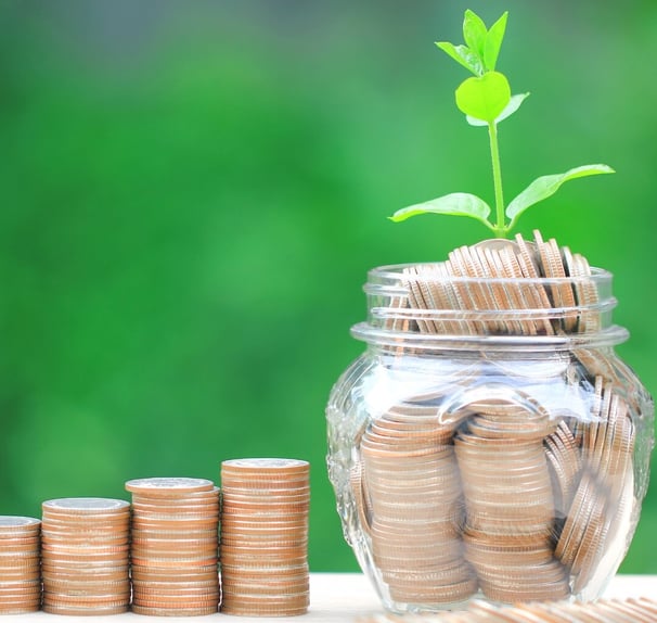 a jar of coins with a plant growing out of it