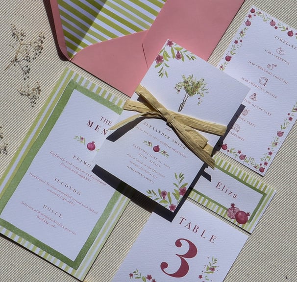 full wedding suite pink and green colors wedding invitation dinner menu flowers