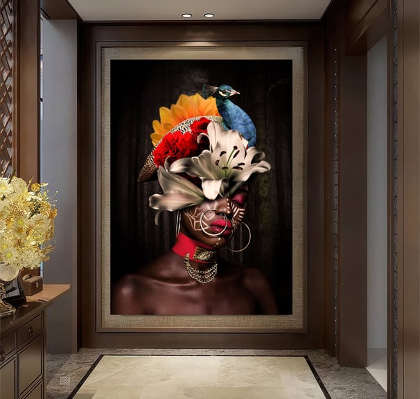 Elegant black woman art with flowers and a peacock in her head.