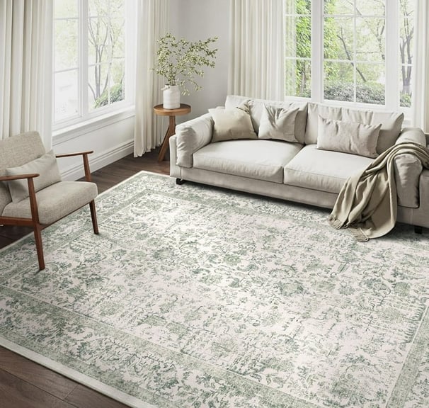 natural light and green and white rug with cream couch
