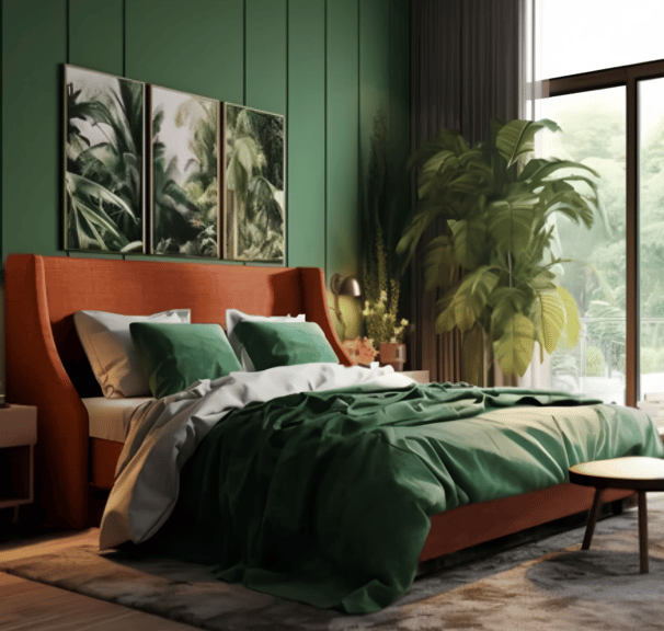 burnt orange bed frame with green themed room with green comforter