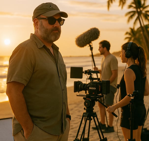 Rodrigo Delgado y su equipo grabando en la playa con cámara RED y micro de pértiga al atardecer