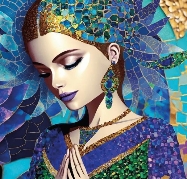 Lady praying, mosaic, blues, purples, golds and greens. 