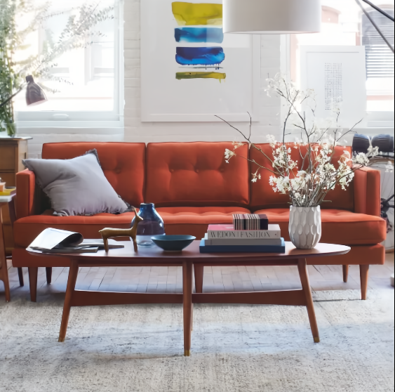 orange couch, red couch mid century modern