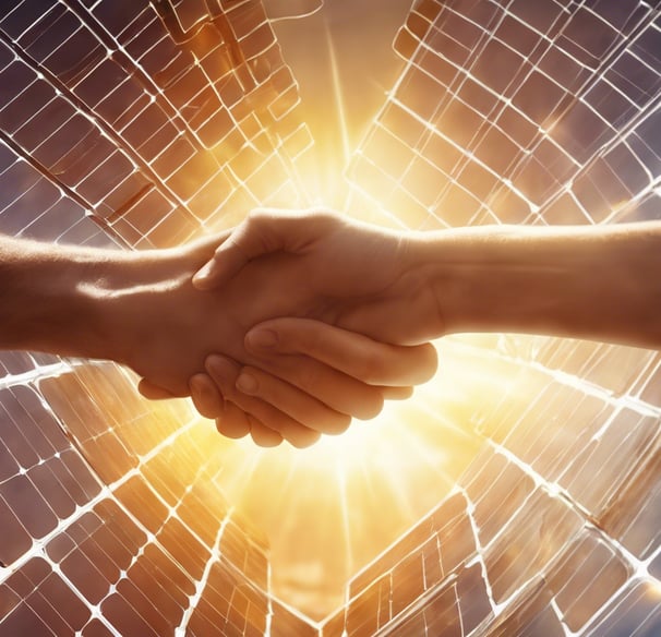 two hands holding hands in front of a solar farm