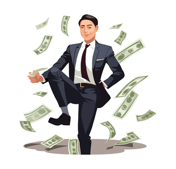 a man in a suit and tie is standing in front of a pile of money