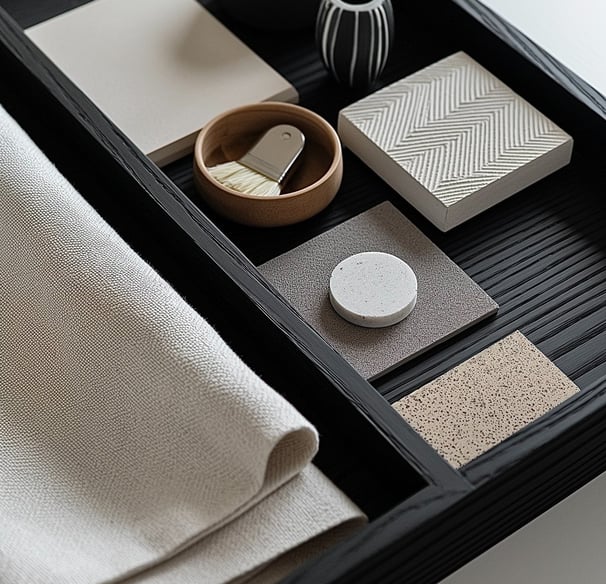 a tray with fabric, tile and textures samples