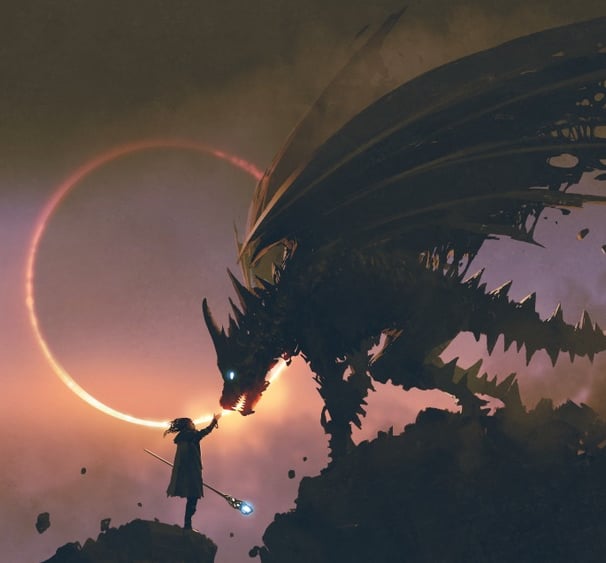 Image of wizard speaking to a dragon.