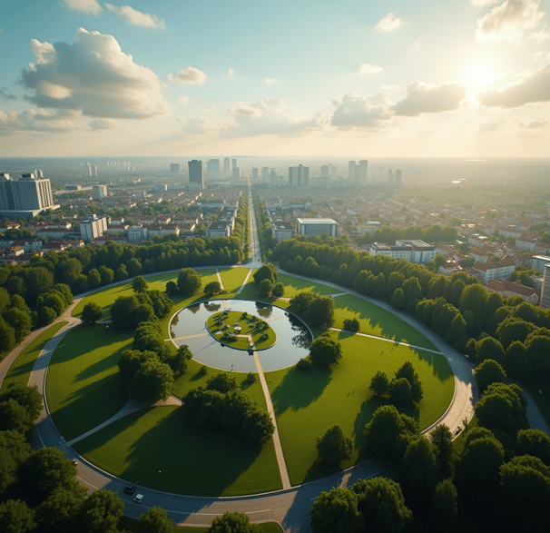 a cityscape of a park with a fountain and a fountain