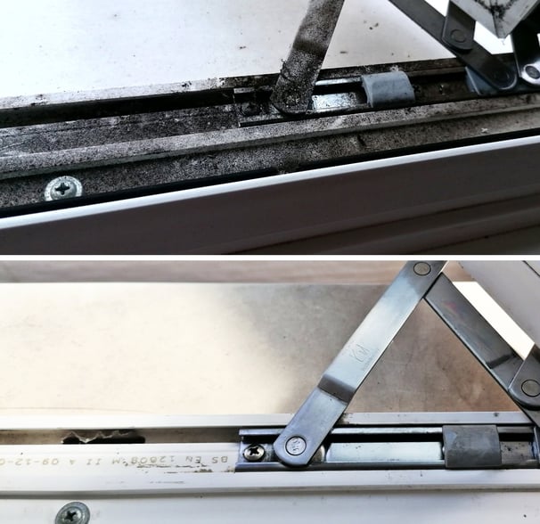 Window hinge before and after maintenance and repair