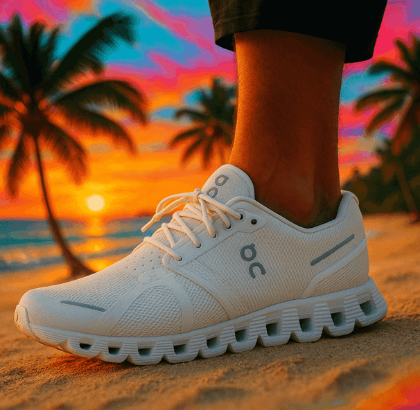 On Men's Cloud 5 sneakers on the beach at sunset