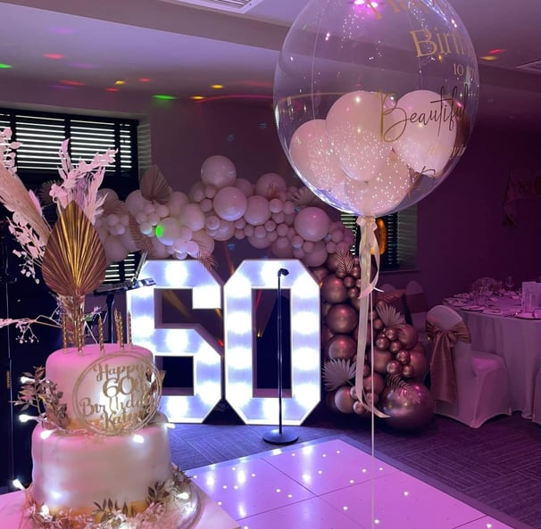 Large light up numbers, balloon garland, bubble balloon - party setup