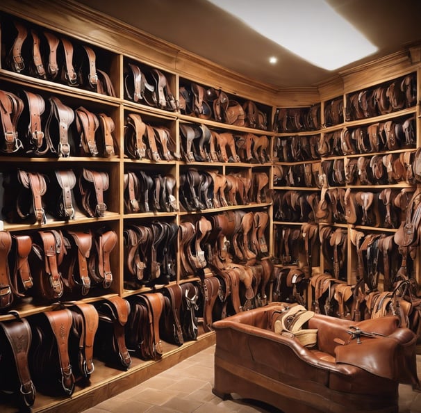 a room with a lot of saddles and saddles