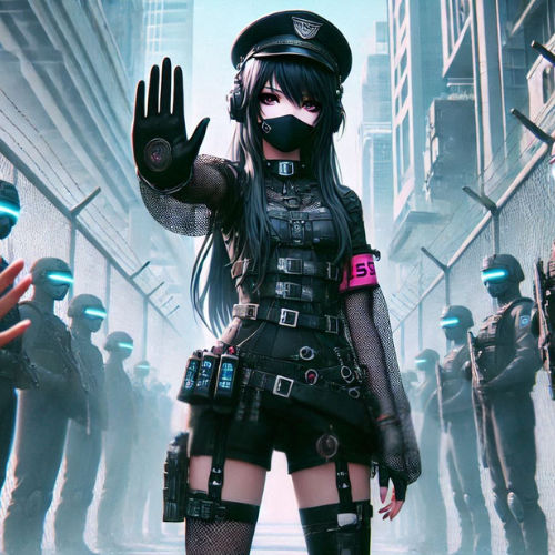 Vara in a cyberpunk themed security outfit with a mask on