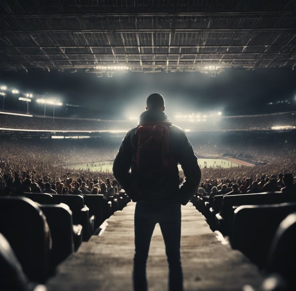 a man standing in front of a stadium with a backpacker