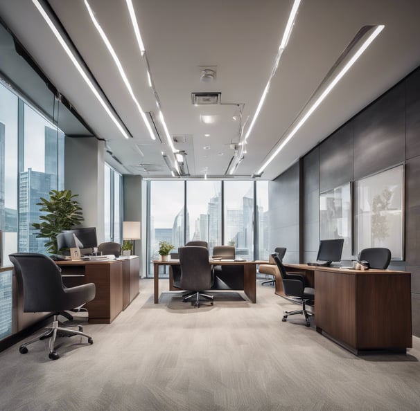 a large office with a desk and chairs