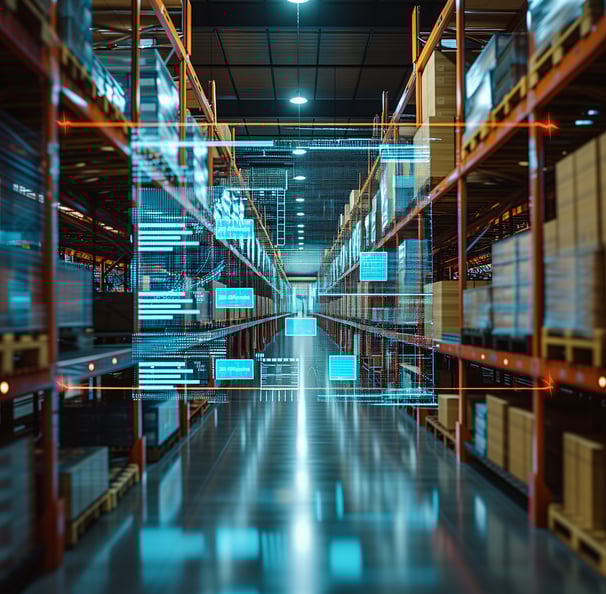 AI powered warehouse with a lot of boxes on shelves