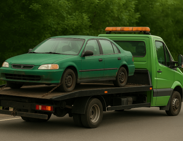 A green tow truck hauls an old green sedan down a road.