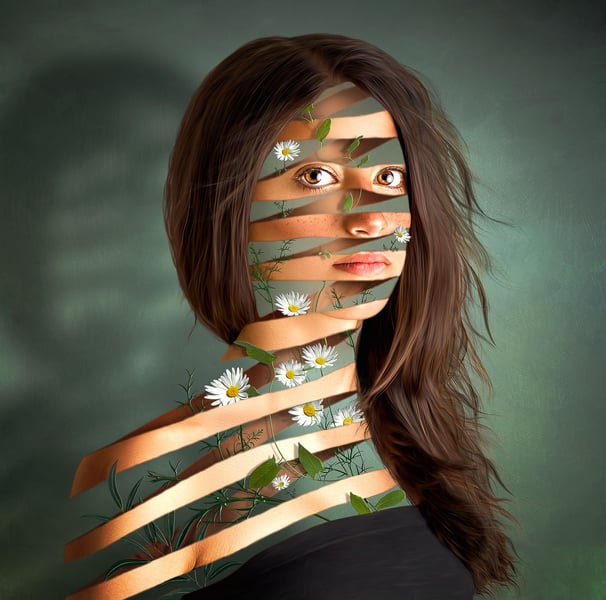 a woman with a flowers coming out of her, peeled effect Photoshop