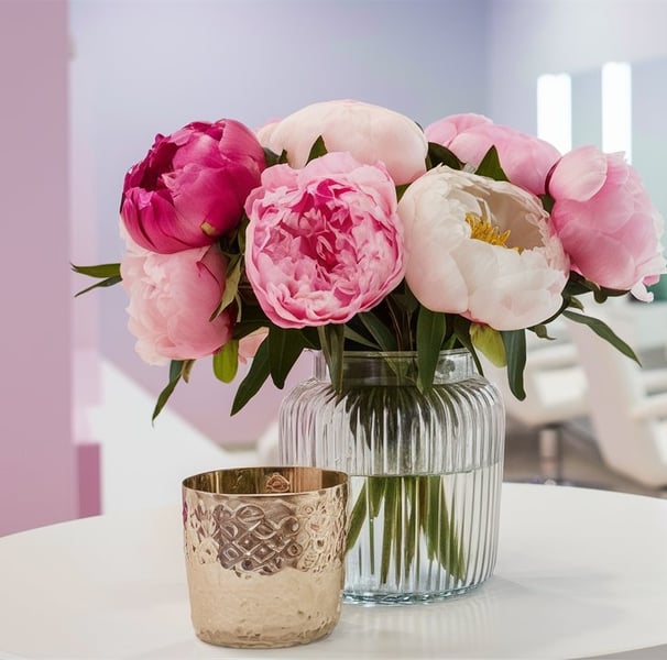 a vase with pink flowers in a salon
