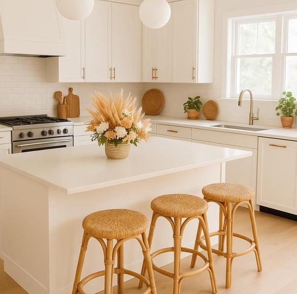 rattan stools in boho kitchen
