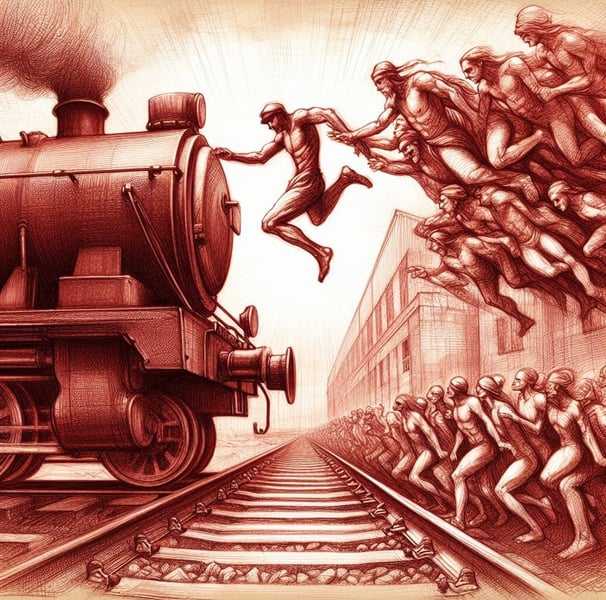 a man jumping over a train with a train in the background