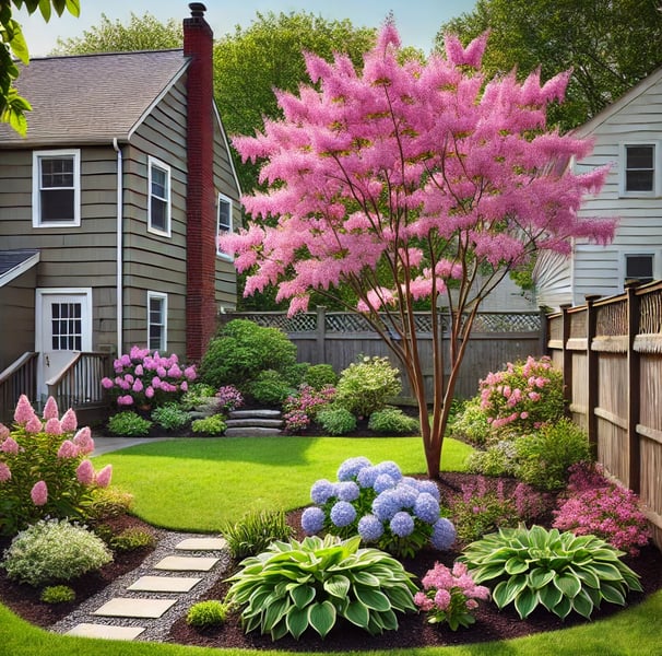 a northeast garden with a tree in the middle of a yard