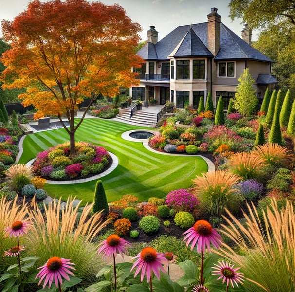 a beautiful garden with a lawn and a large house
