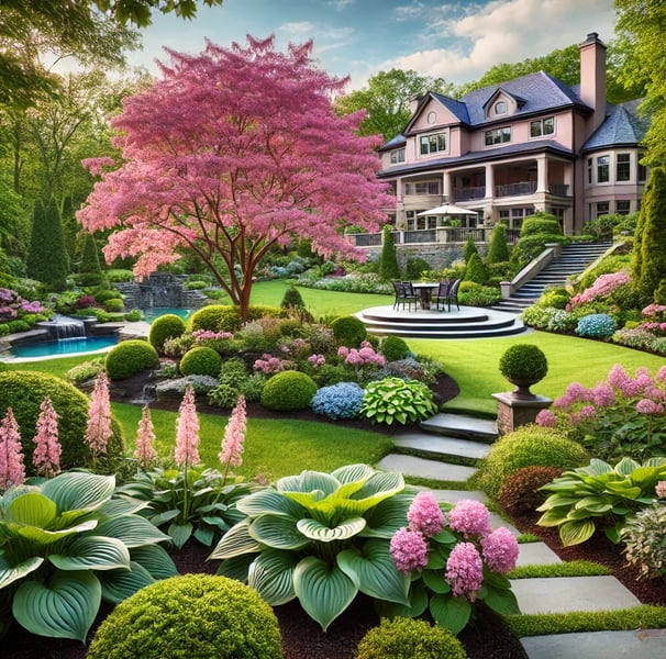 a garden with a pool and a pool in the background