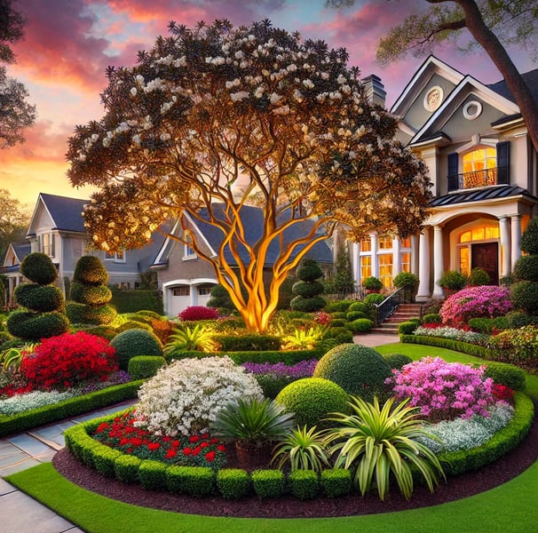 a beautiful southeast U.S. region garden at sunset