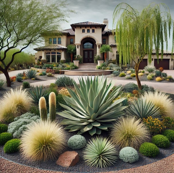 a southwest U.S. house with a cactus plant in the middle of a driveway