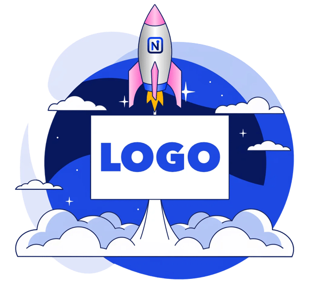 Une pancarte blanche sur laquelle est inscrite le mot "Logo", sur fond étoilé et une fusée avec le favicon N de NetVantage