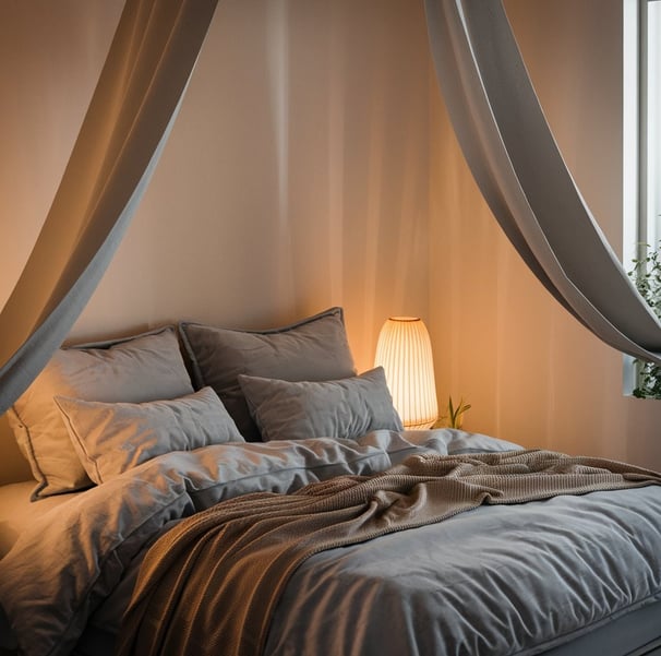 A tranquil bedroom with blackout curtains drawn, an essential oil diffuser emitting a soft glow, and