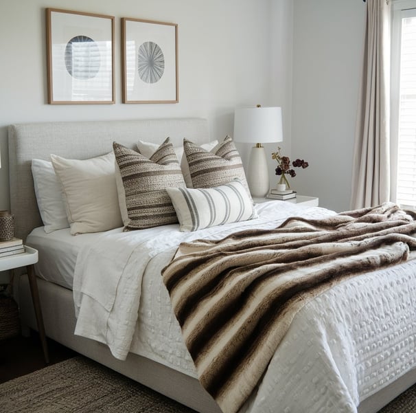 A cozy bed with white linen sheets, a textured quilt, a faux fur blanket draped over the edge