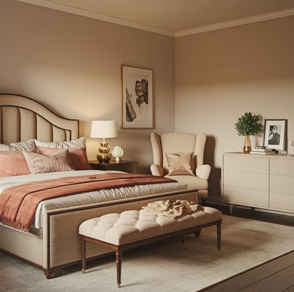 A cozy bedroom featuring an upholstered bed frame