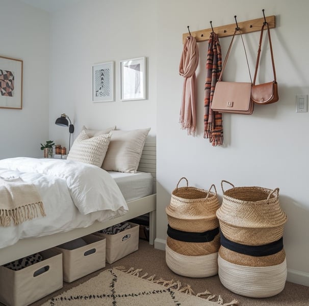 A tidy bedroom with under-bed storage bins