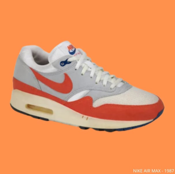 a pair of shoes with a red and white shoelaced on the sole, Nike Air Max 1987