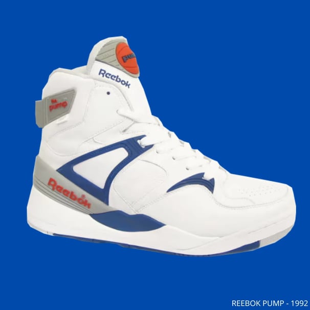 a pair of shoes with a removablent on the side of the sneaker, Reebok Pump - 1992