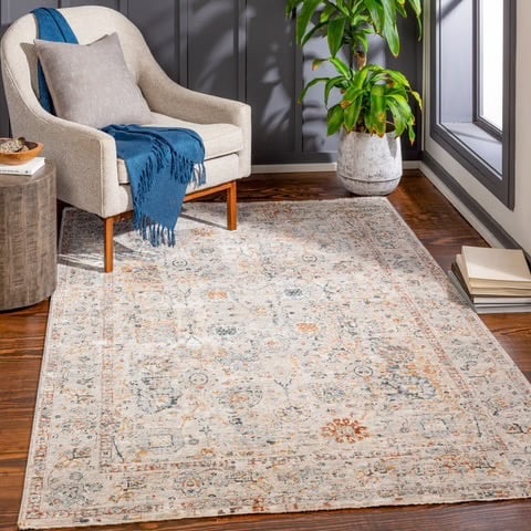 peach and blue floral rug