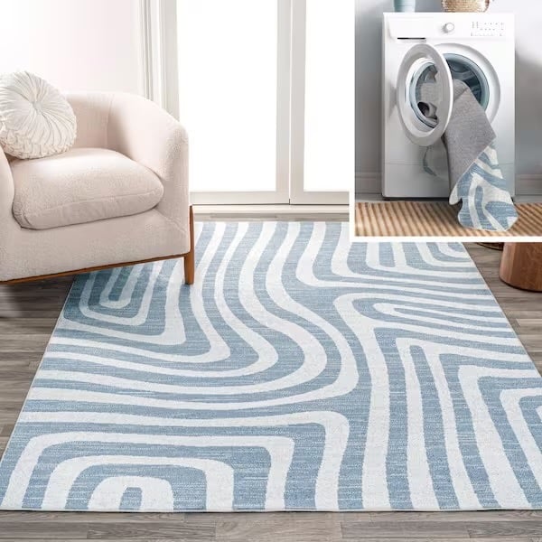 zig zag washable blue and white rug