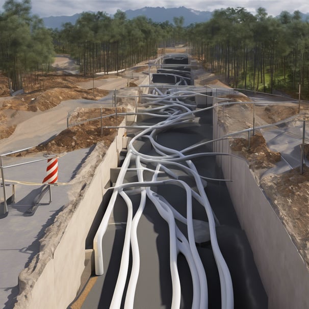 A large construction site with several elevated, rectangular concrete structures surrounded by scaffolding. Workers in safety gear are visible on the platforms. The background shows curved, tiered earthworks suggesting a large excavation or dam. There are shadows that cast a dramatic contrast over the scene.