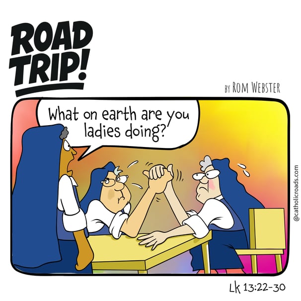 Cartoon of nuns solving their problems by arm wrestling.