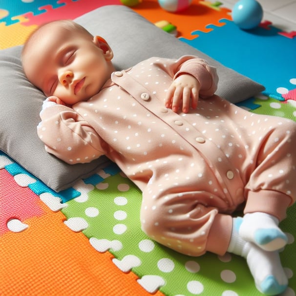An infant asleep on his back on a mat