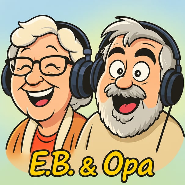 Cartoon caricatures of E.B. and Opa, principals of Reach One Media.
