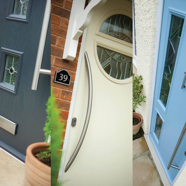 grey composite door with long handle, cream door with pattern glass, duck egg blue composite door
